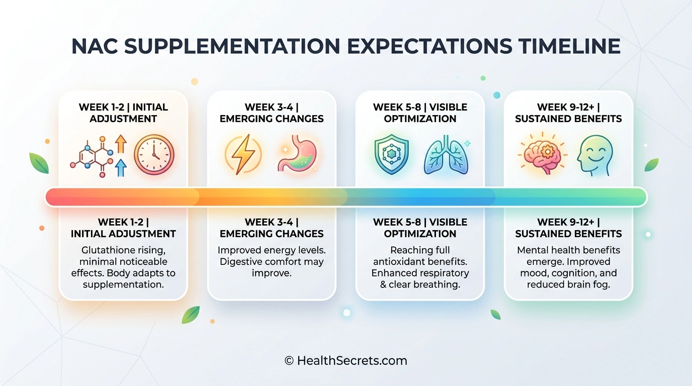 NAC supplementation timeline showing realistic expectations from week 1 through 12 weeks of consistent use