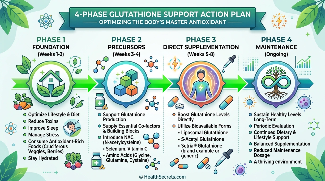 Four-phase glutathione support action plan timeline from foundation diet through maintenance supplementation