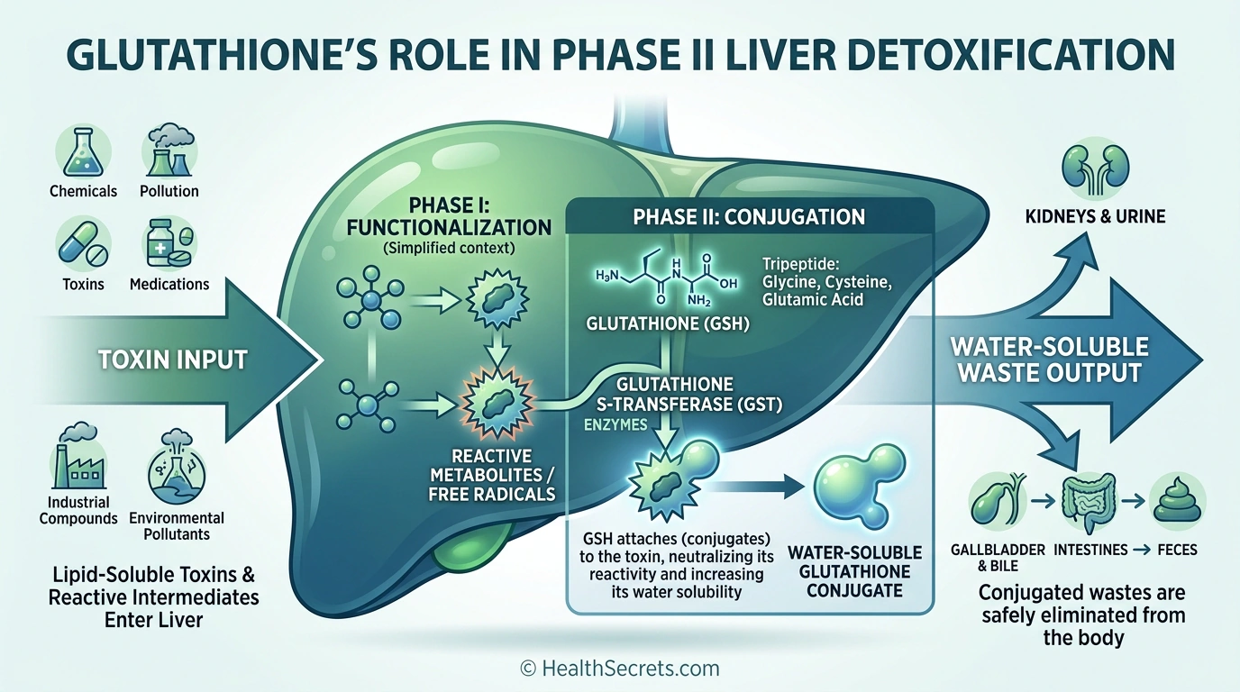 Diagram showing major causes of glutathione depletion including aging, stress, toxins, alcohol, and poor diet