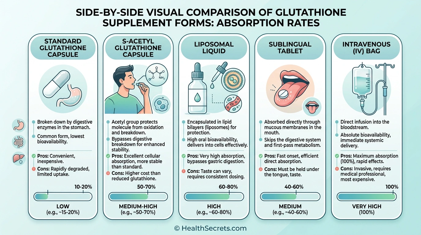Visual comparison of glutathione supplement forms showing liposomal, S-acetyl, sublingual, reduced, and IV with bioavailability ratings