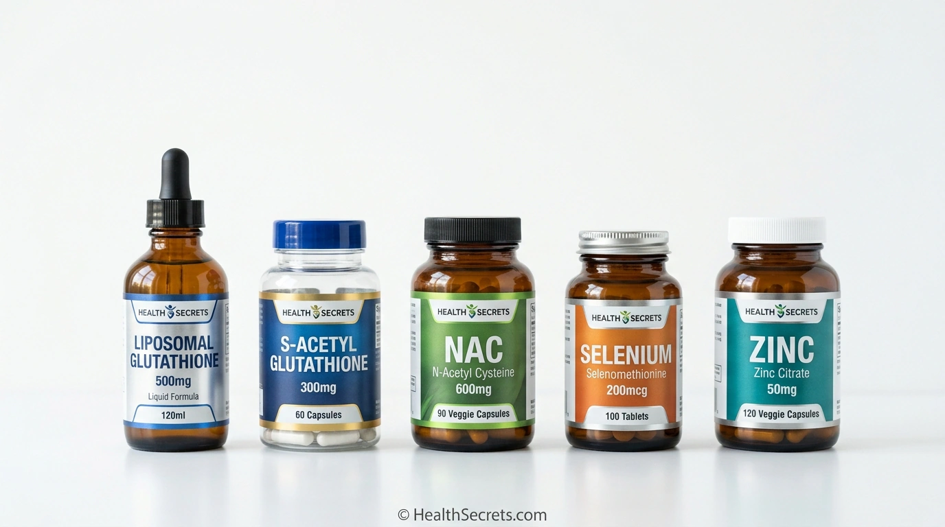 Recommended glutathione supplements including liposomal glutathione, S-acetyl glutathione, NAC, selenium, and zinc