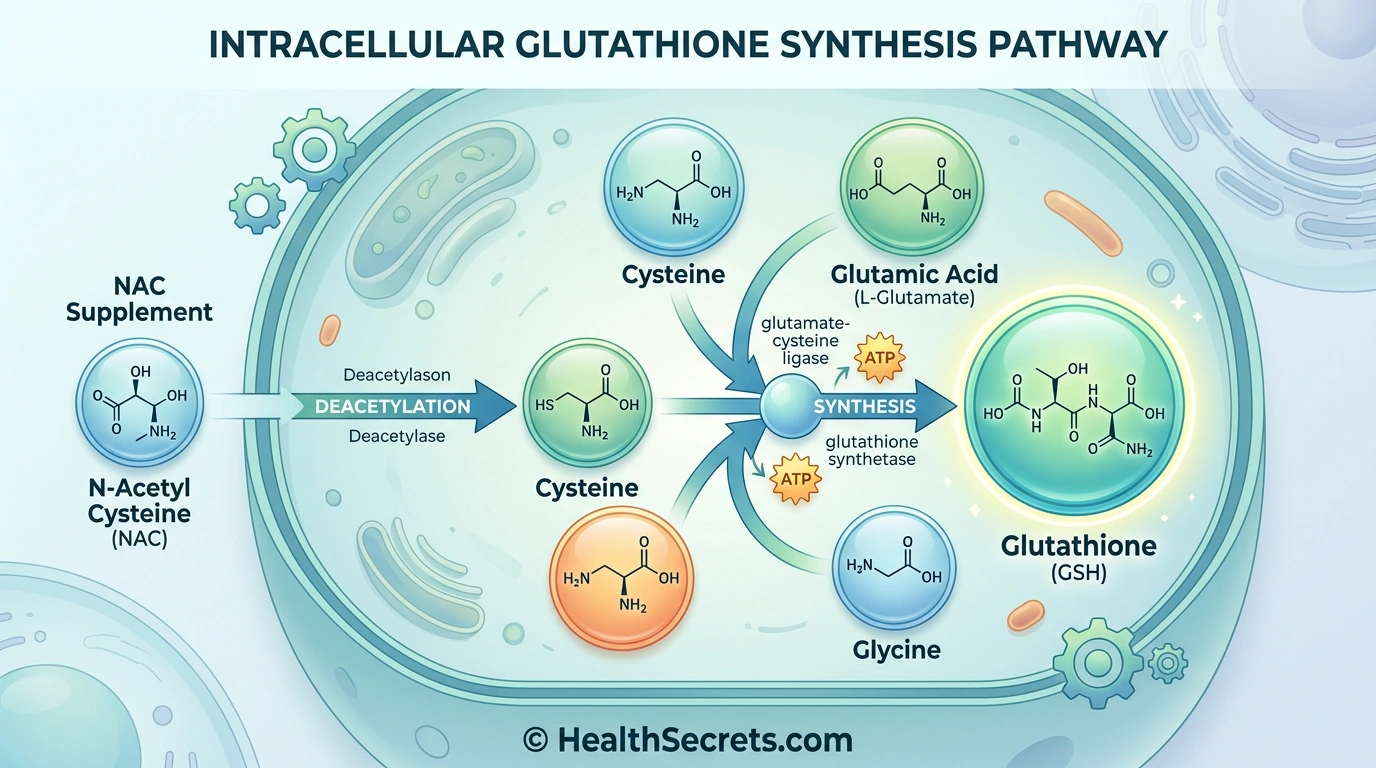 Diagram showing how NAC provides cysteine for glutathione synthesis with glycine and glutamic acid