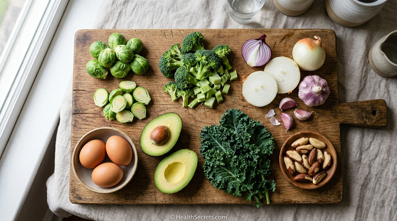 Sulfur-rich foods that support glutathione production including broccoli, garlic, onions, eggs, and cruciferous vegetables