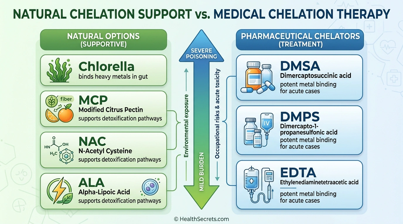 Comparison chart showing natural chelation supplements versus pharmaceutical chelation agents for different levels of heavy metal burden