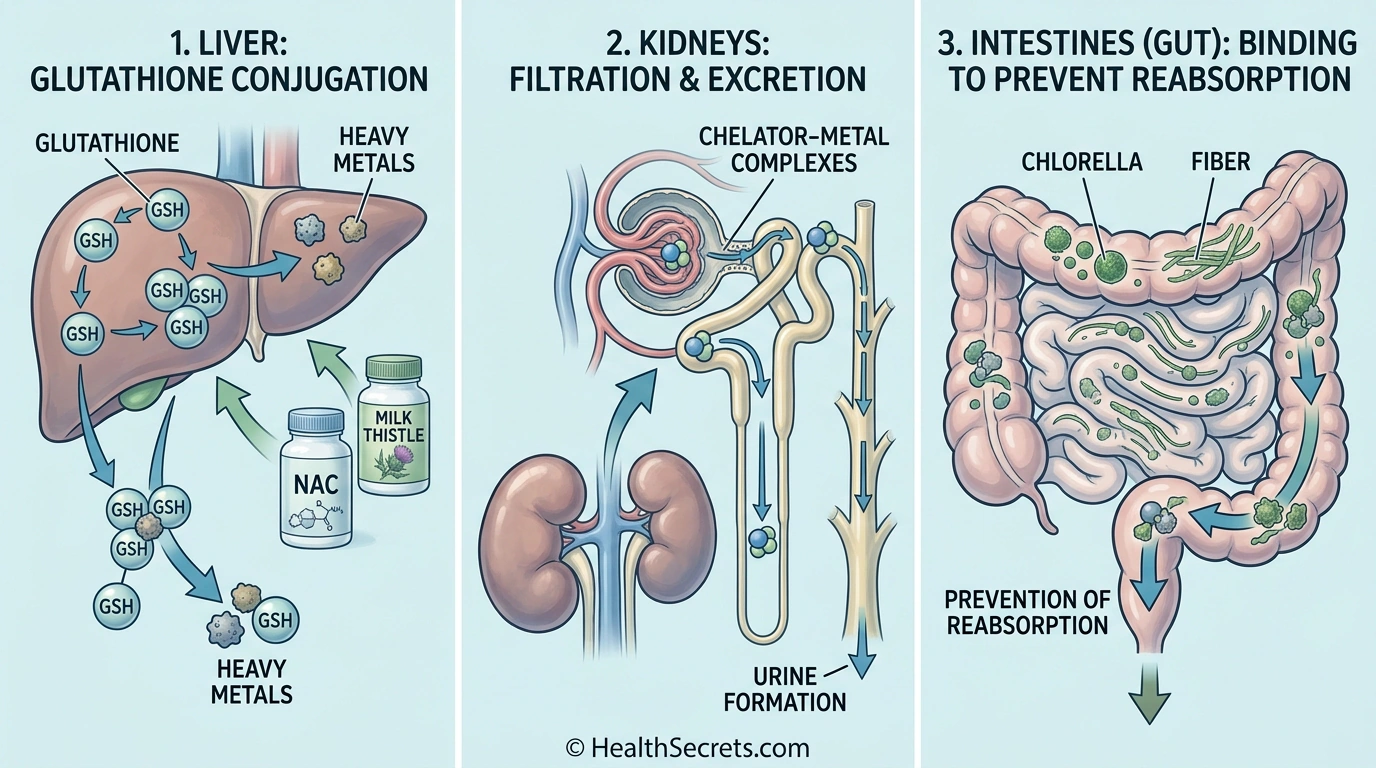 Three-panel illustration showing liver, kidney, and gut pathways for heavy metal detoxification with supporting supplements