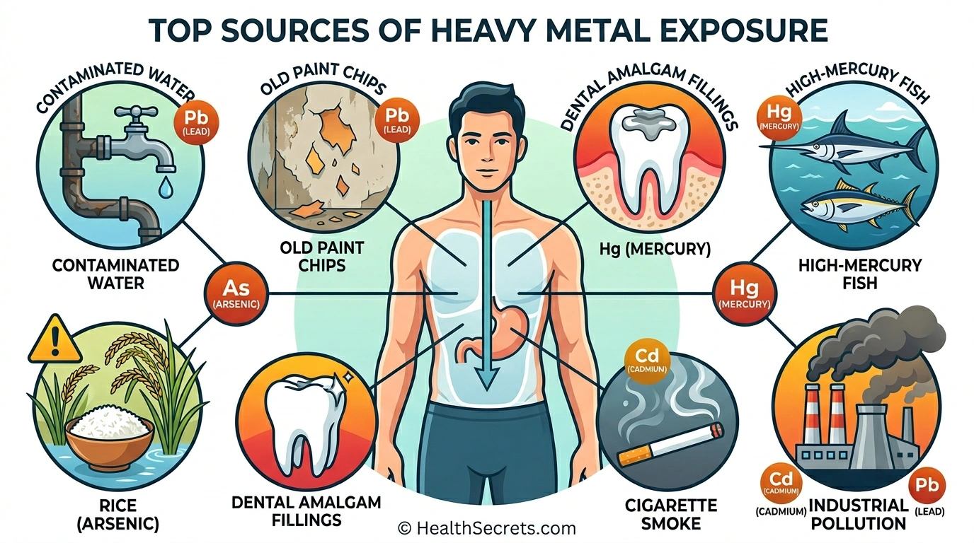 Infographic showing common sources of heavy metal exposure including contaminated water, lead paint, dental amalgams, high-mercury fish, and industrial pollution