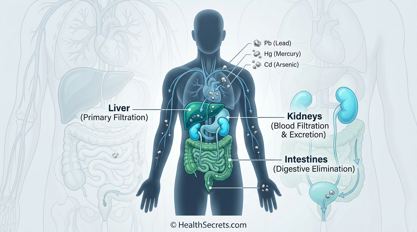 Illustration of the human body's heavy metal detoxification pathways through the liver, kidneys, and intestines