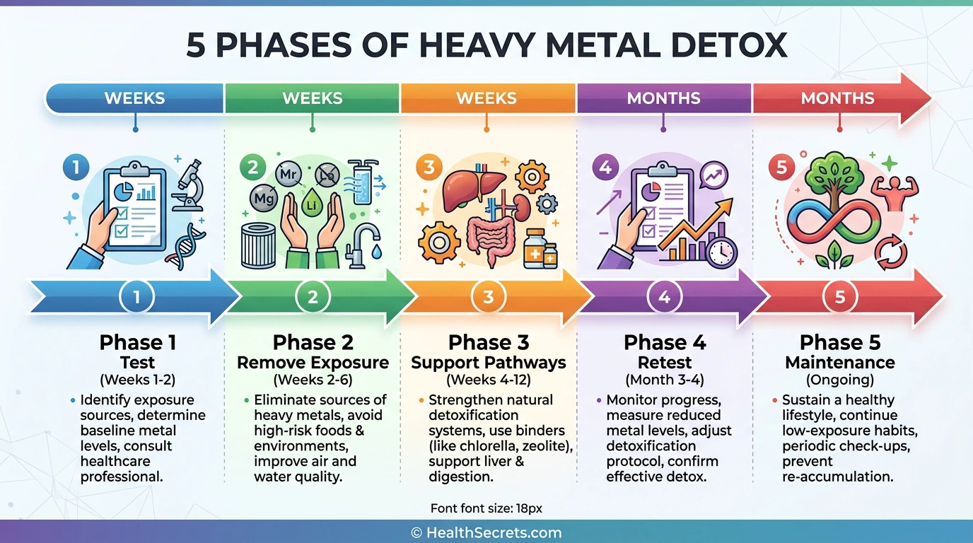 Timeline infographic showing the five phases of a safe heavy metal detox protocol from testing to maintenance