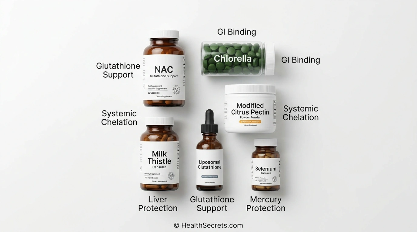 Recommended heavy metal detox supplement stack including NAC, chlorella, modified citrus pectin, milk thistle, liposomal glutathione, and selenium