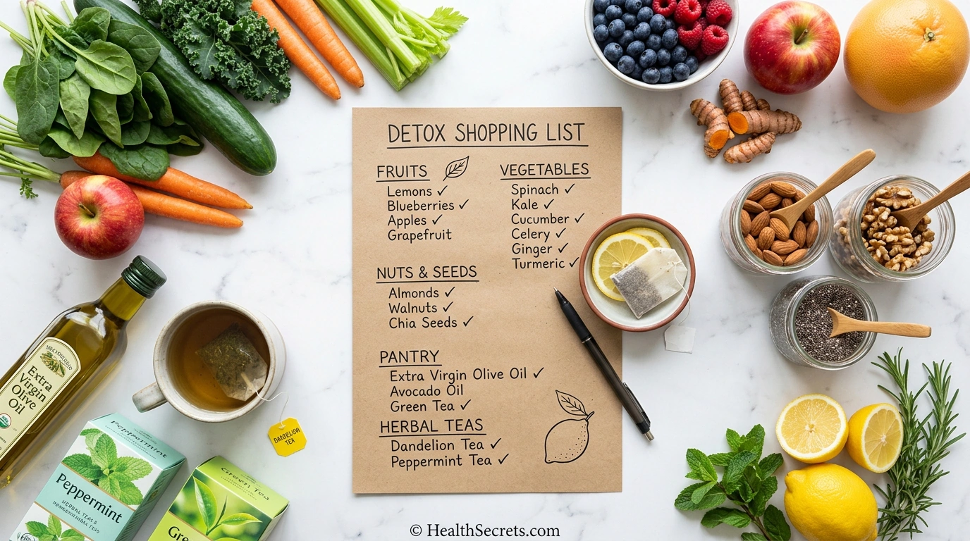Detox diet shopping list surrounded by fresh produce, nuts, seeds, and herbal teas for a 7-day cleanse