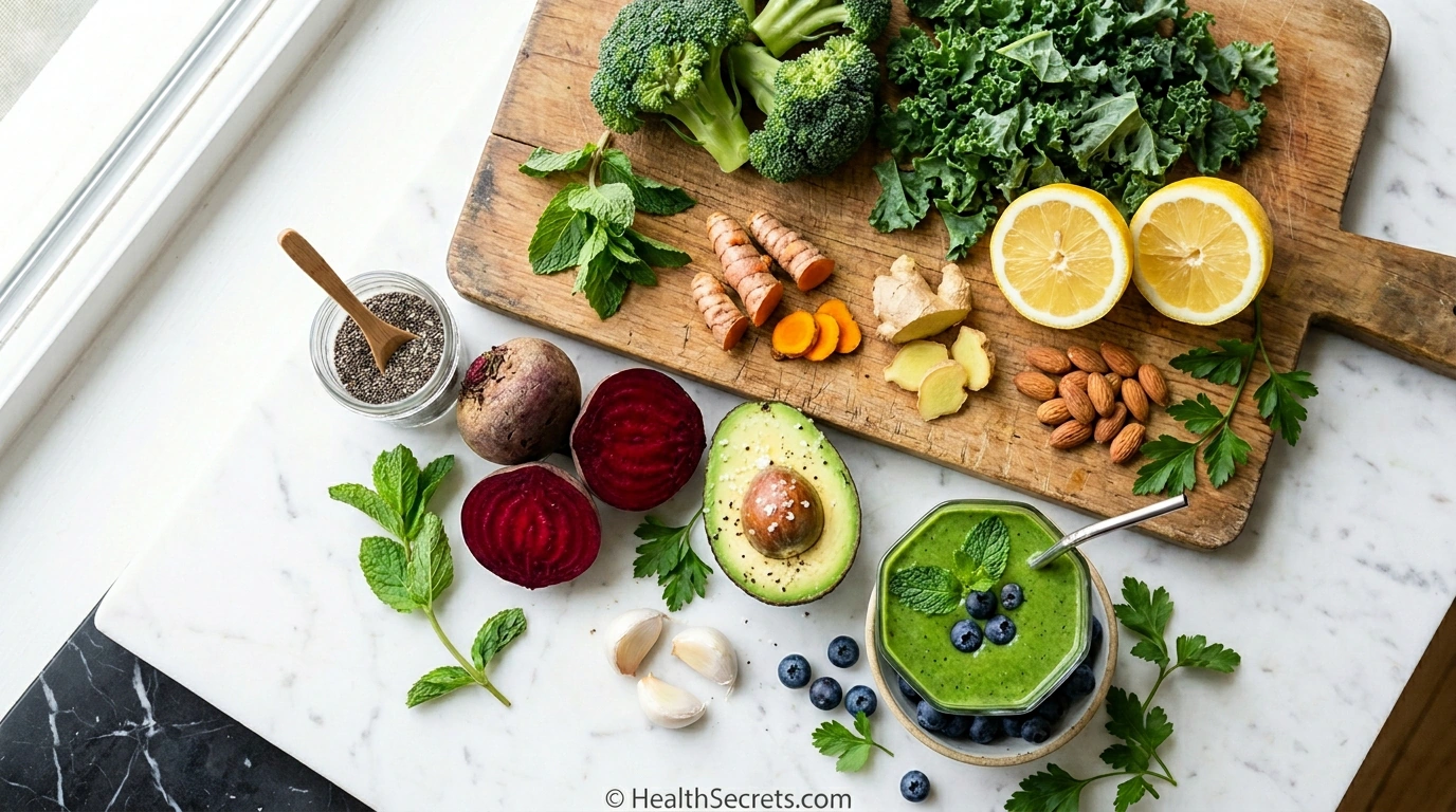Colorful detox diet foods including broccoli, kale, berries, lemons, avocado, and turmeric arranged on a cutting board