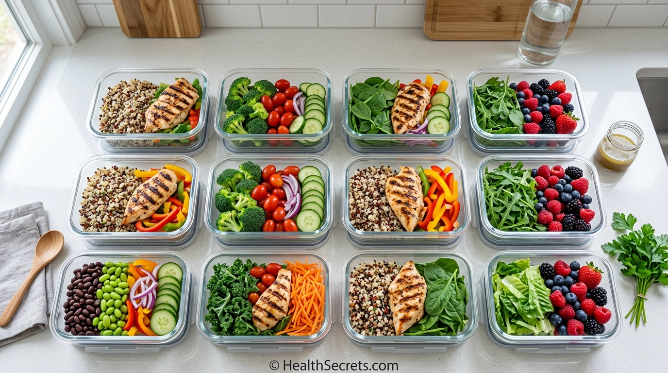 Glass meal prep containers with organized detox diet ingredients including vegetables, quinoa, chicken, and berries