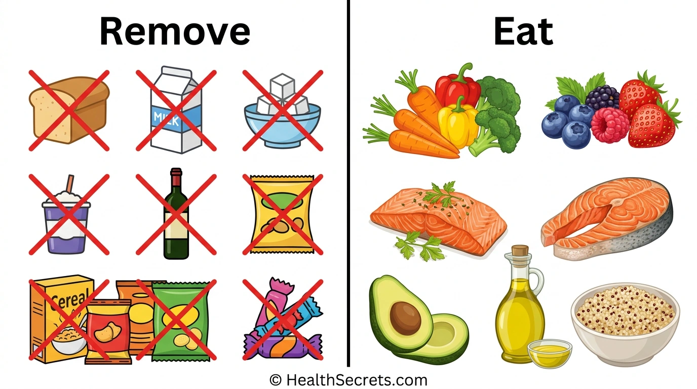 Elimination diet guide showing foods to remove and foods to eat during gut detox protocol