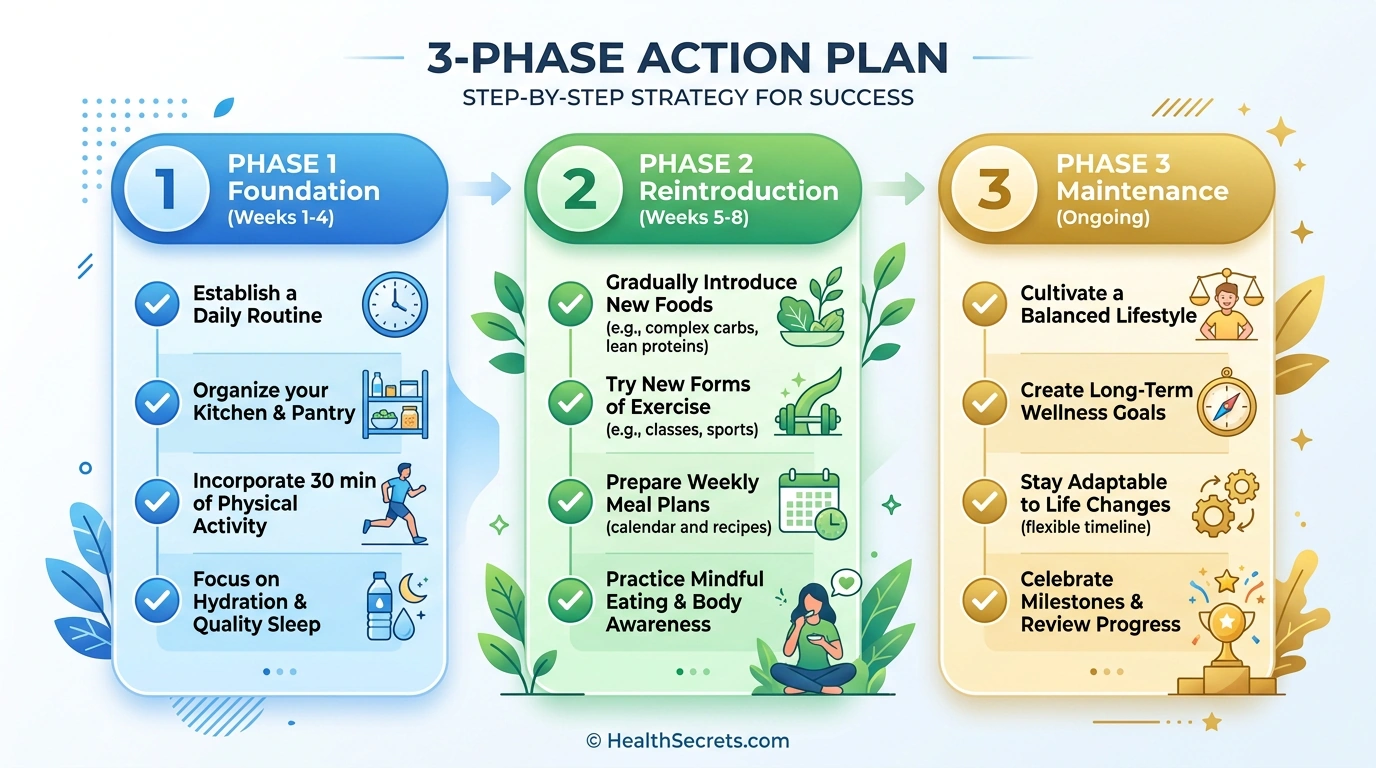 Three-phase gut detox action plan showing foundation, reintroduction, and maintenance phases over 8 weeks