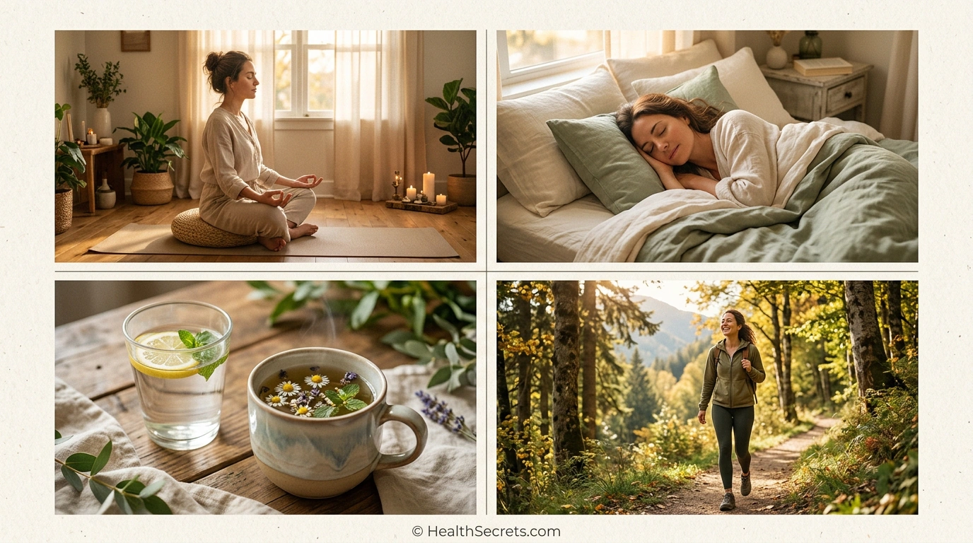 Lifestyle factors supporting gut detox including meditation, sleep, hydration, and outdoor exercise