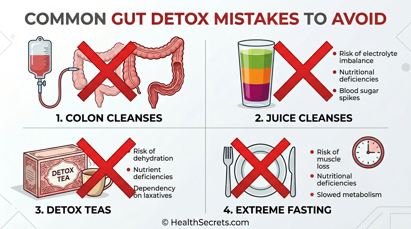 Common gut detox mistakes to avoid including colonics, juice cleanses, detox teas, and extreme fasting