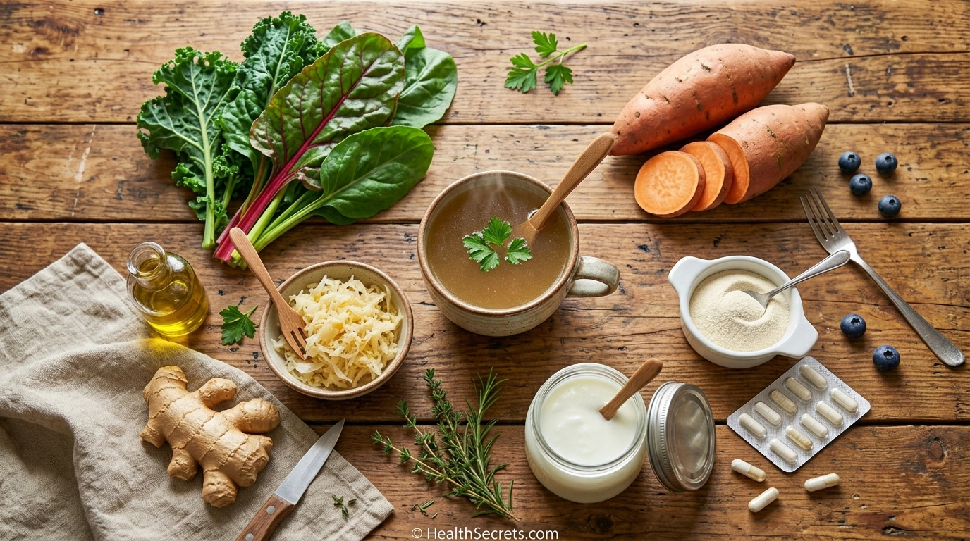 Gut detox protocol foods including bone broth, sauerkraut, vegetables, kefir, and probiotic supplements arranged on wooden table