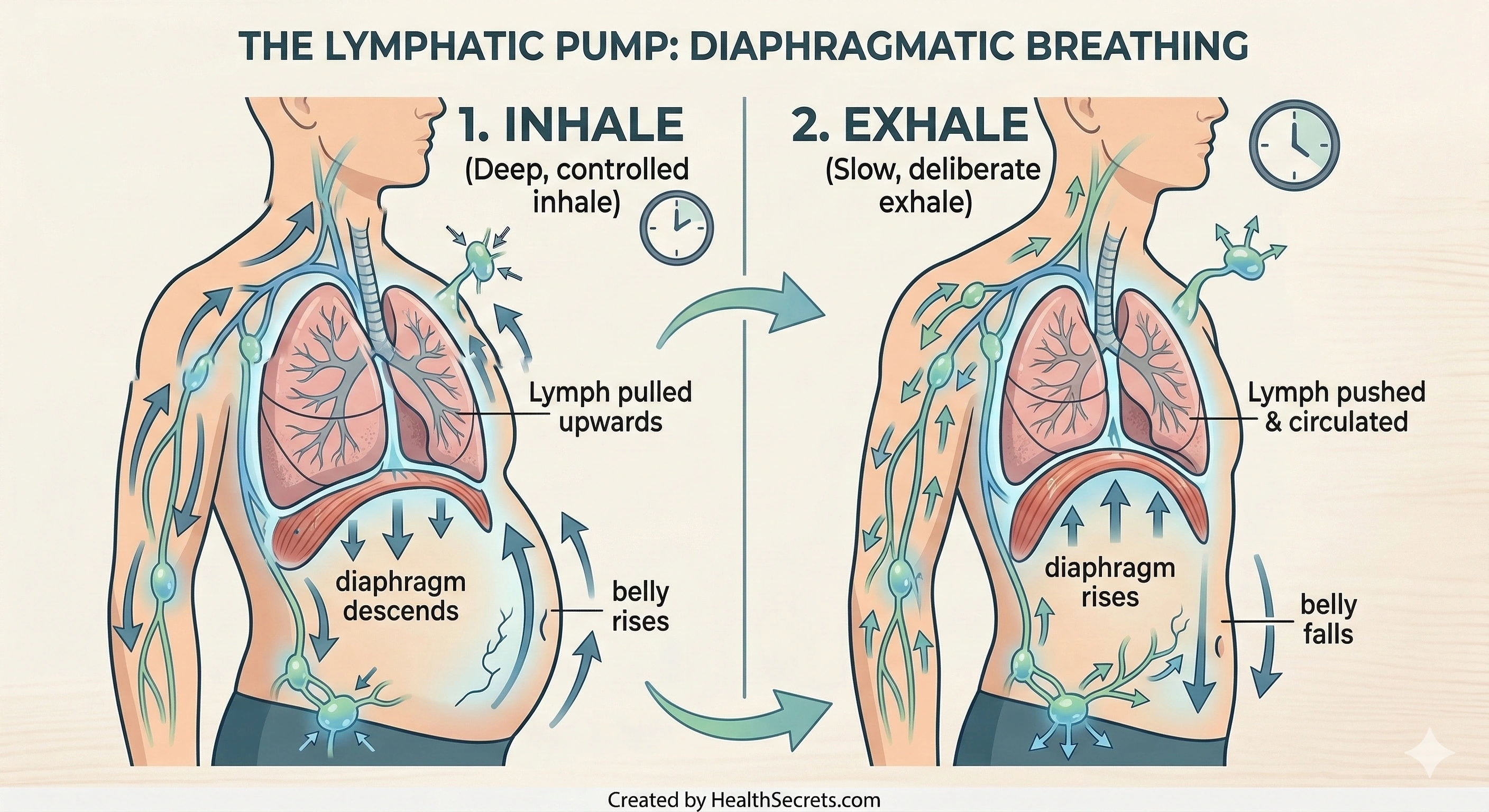 Diaphragmatic breathing for lymphatic drainage showing inhale and exhale with thoracic duct flow
