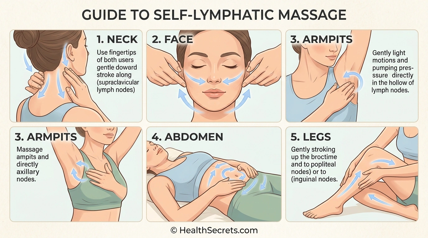 Dry brushing technique diagram showing proper stroke direction toward heart for lymphatic drainage