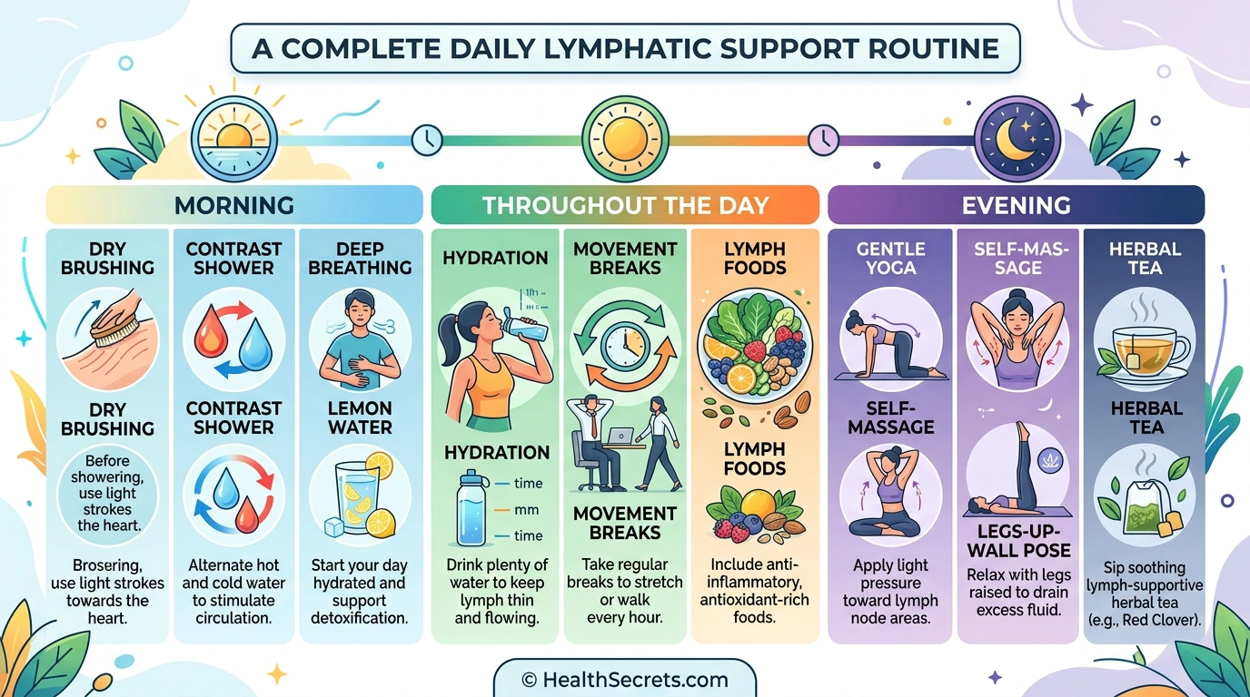 Flat-lay of foods supporting lymphatic health: leafy greens, citrus, berries, ginger, omega-3 fish
