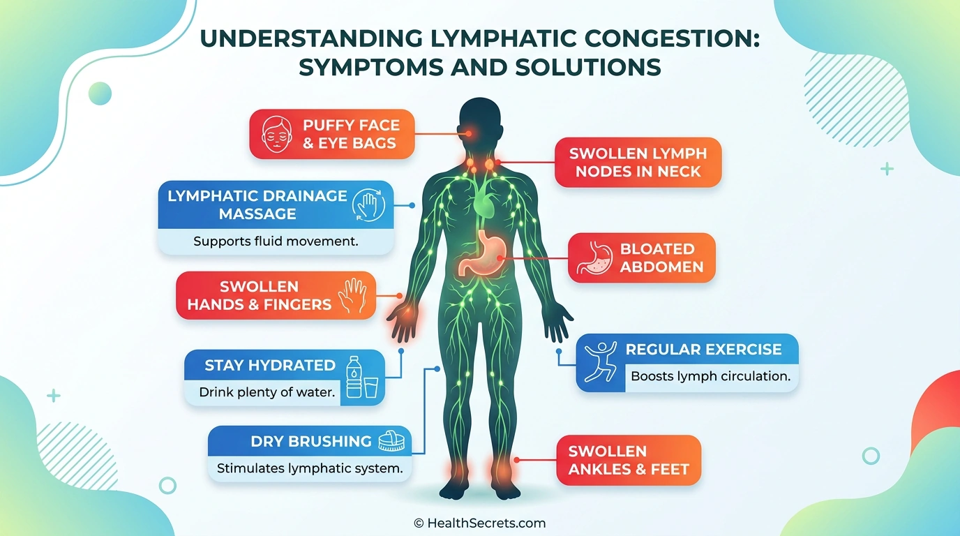 Diagram of human lymphatic system showing lymph nodes, vessels, and drainage directions