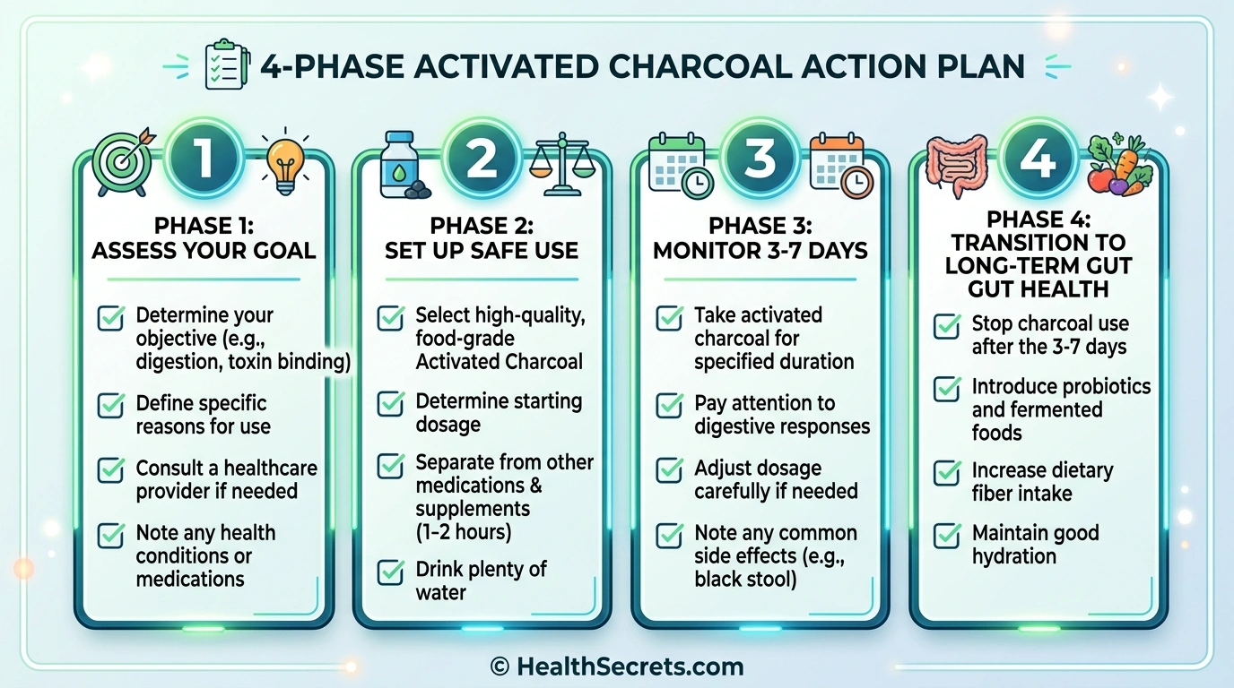 Four-phase action plan checklist for safely using activated charcoal for gas and bloating
