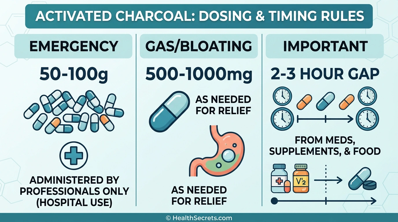 Dosing and timing infographic for activated charcoal showing emergency doses versus occasional use doses and medication timing rules