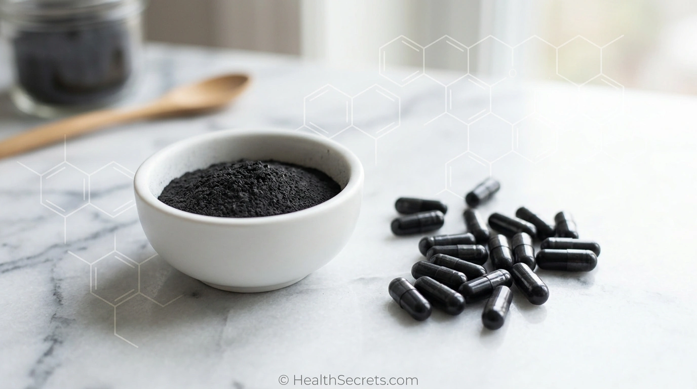 Activated charcoal powder and capsules showing porous structure used for emergency medicine and digestive support