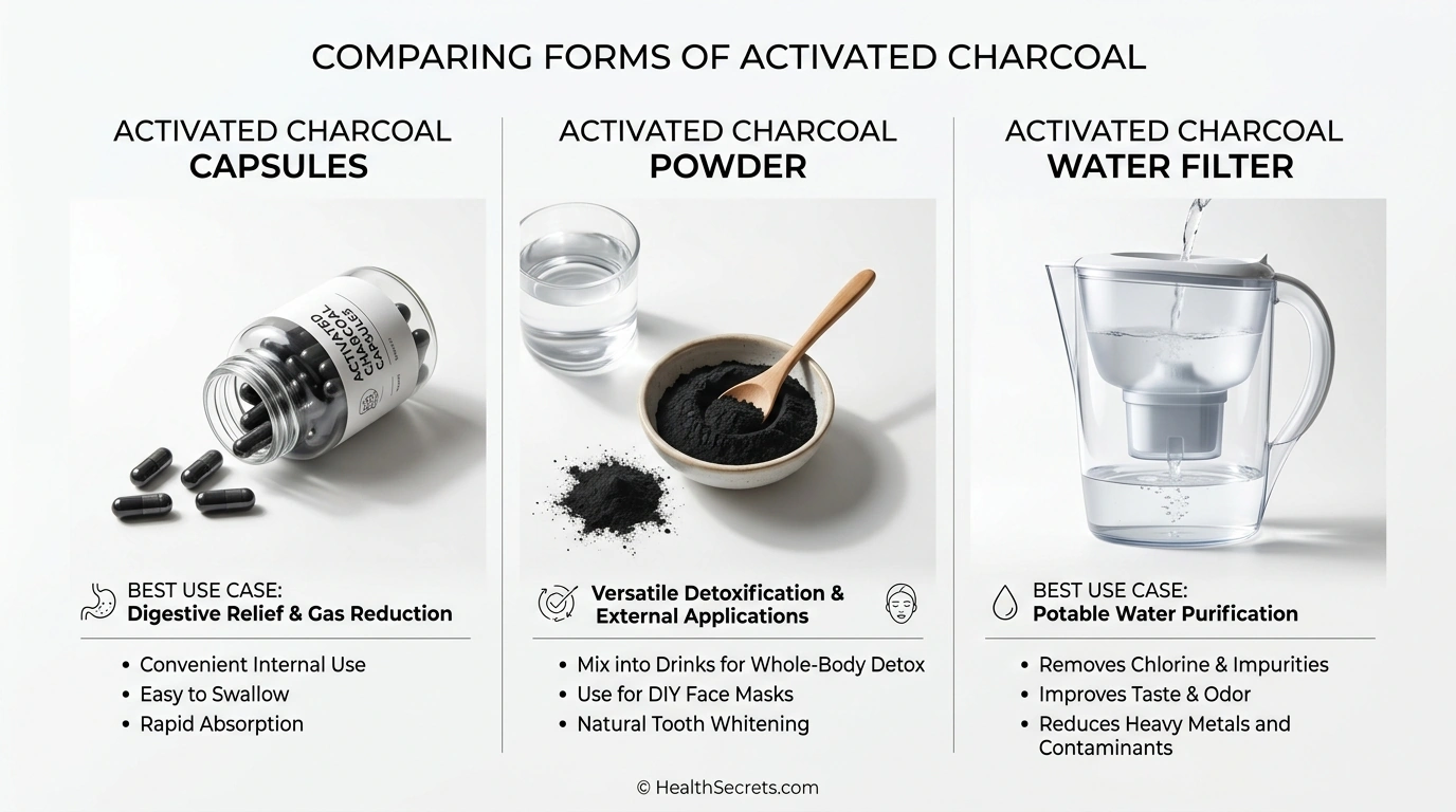 Visual comparison of activated charcoal product forms including capsules powder and water filters with best use cases