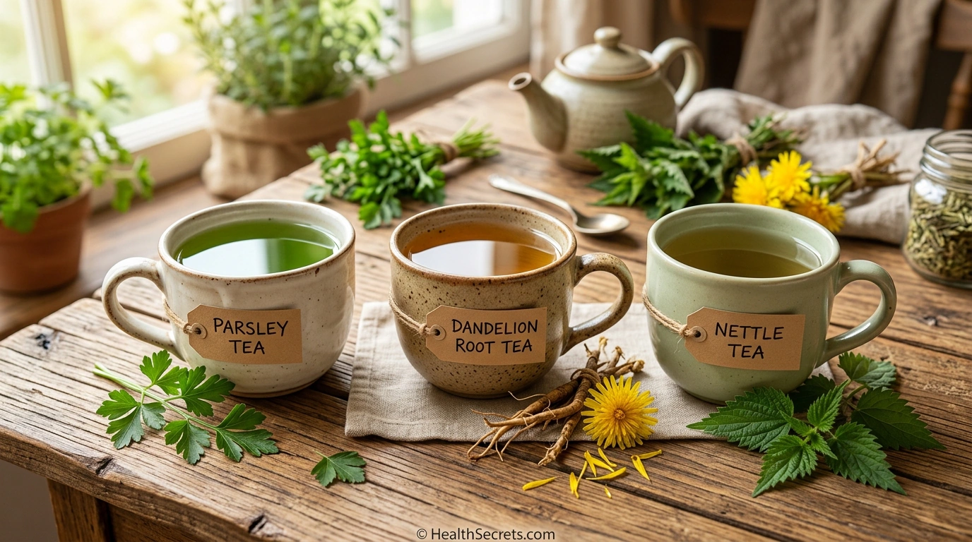 Herbal kidney support teas including parsley, dandelion root, and nettle leaf tea with fresh herbs