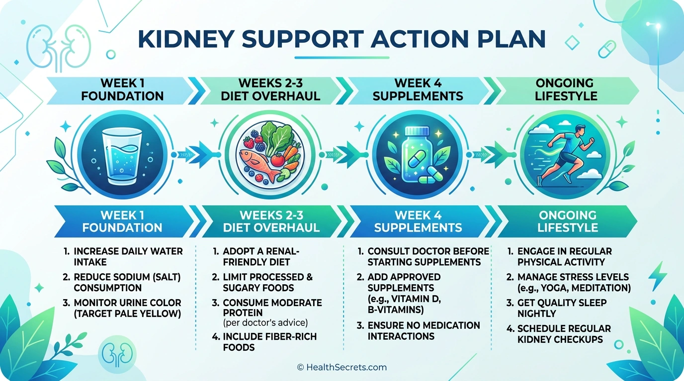 Four-phase kidney support action plan from hydration foundation through diet, supplements, and ongoing lifestyle integration