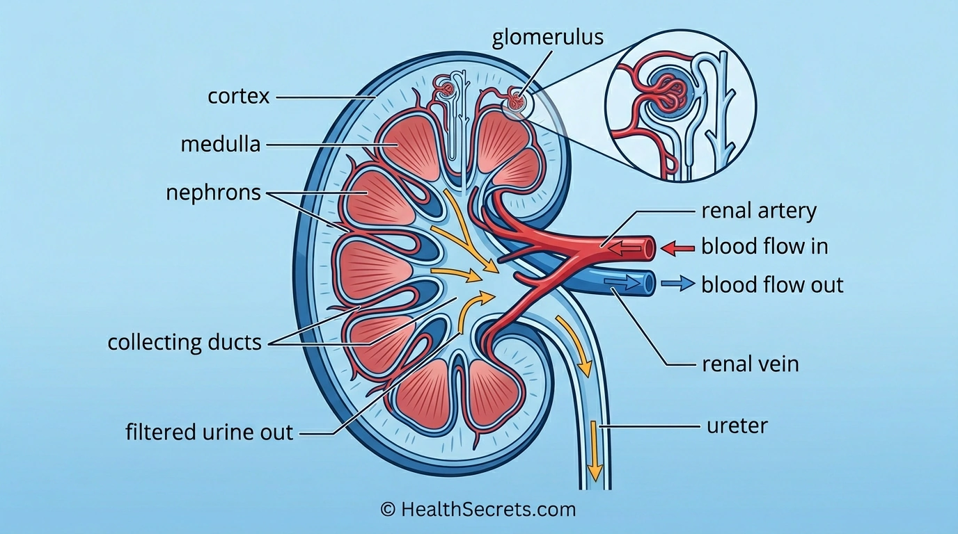 Kidney anatomy diagram showing nephrons, glomerulus, blood filtration pathway, and urine collection system