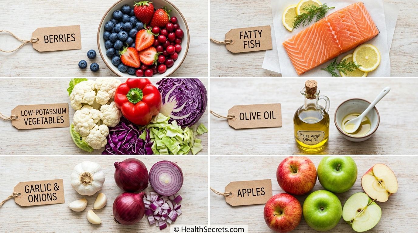 Kidney-healthy foods including berries, salmon, cauliflower, red bell peppers, olive oil, garlic, and apples arranged in a colorful grid