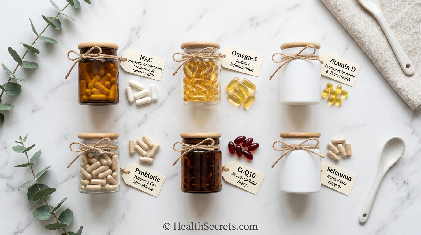 Recommended kidney support supplements including NAC, omega-3, vitamin D, probiotics, CoQ10, and selenium