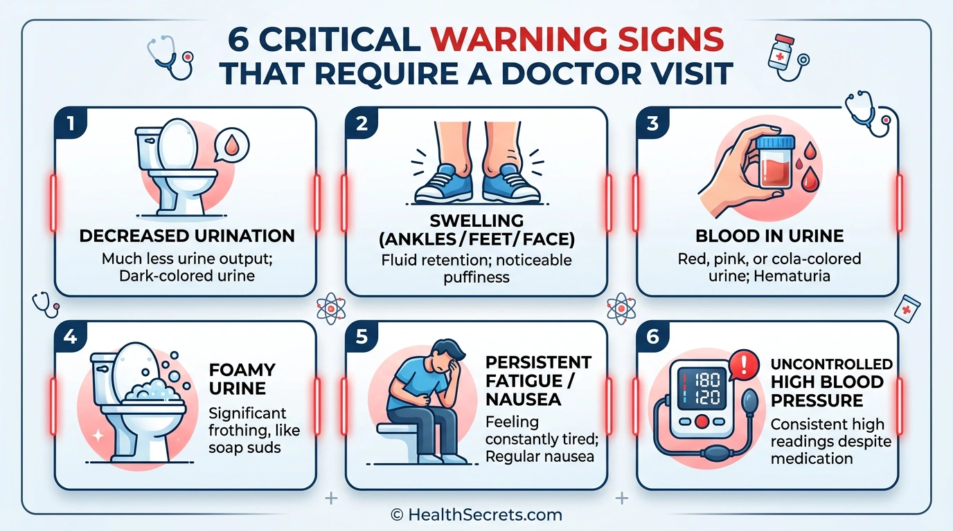 Six kidney warning signs requiring medical attention including decreased urination, swelling, blood in urine, foamy urine, fatigue, and high blood pressure