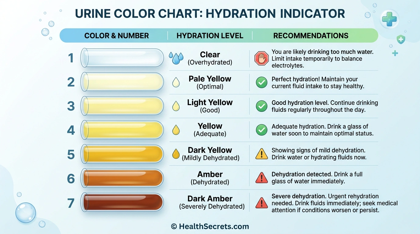 Urine color hydration chart showing pale yellow as optimal kidney health indicator with hydration levels from clear to dark amber