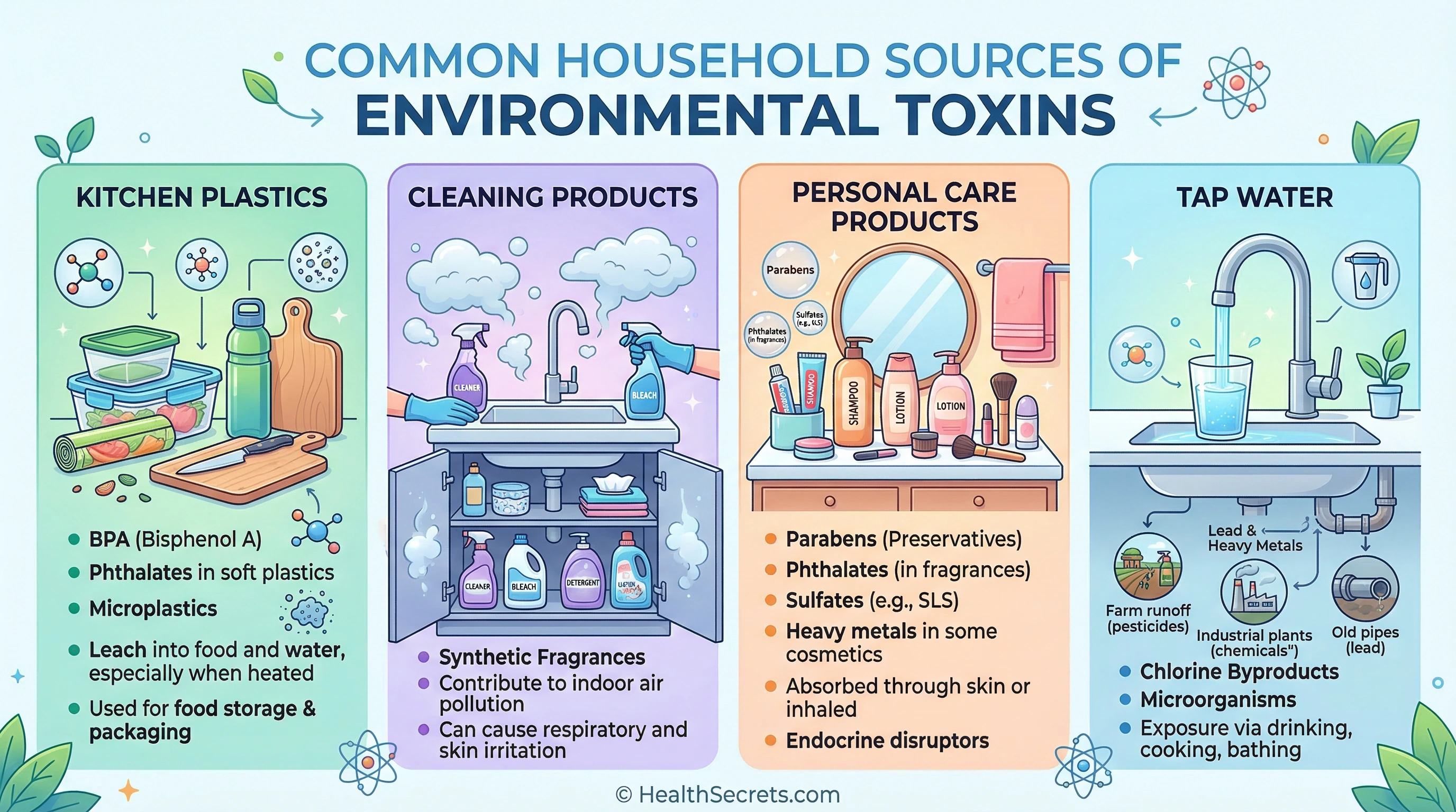 Common sources of environmental toxins found in everyday household products including plastics, cleaners, and personal care items