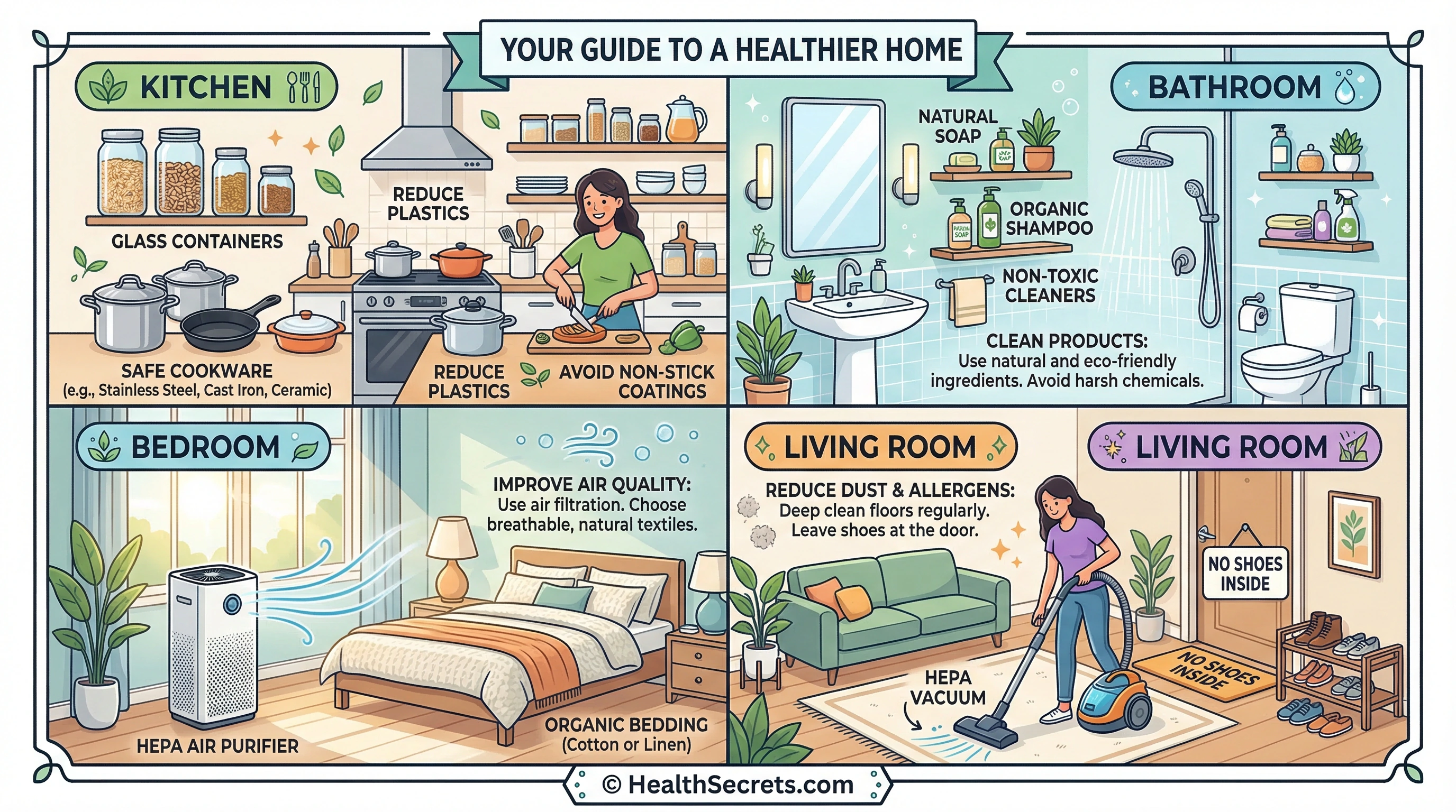 Room-by-room environmental toxin reduction guide showing practical swaps for kitchen, bathroom, bedroom, and living spaces