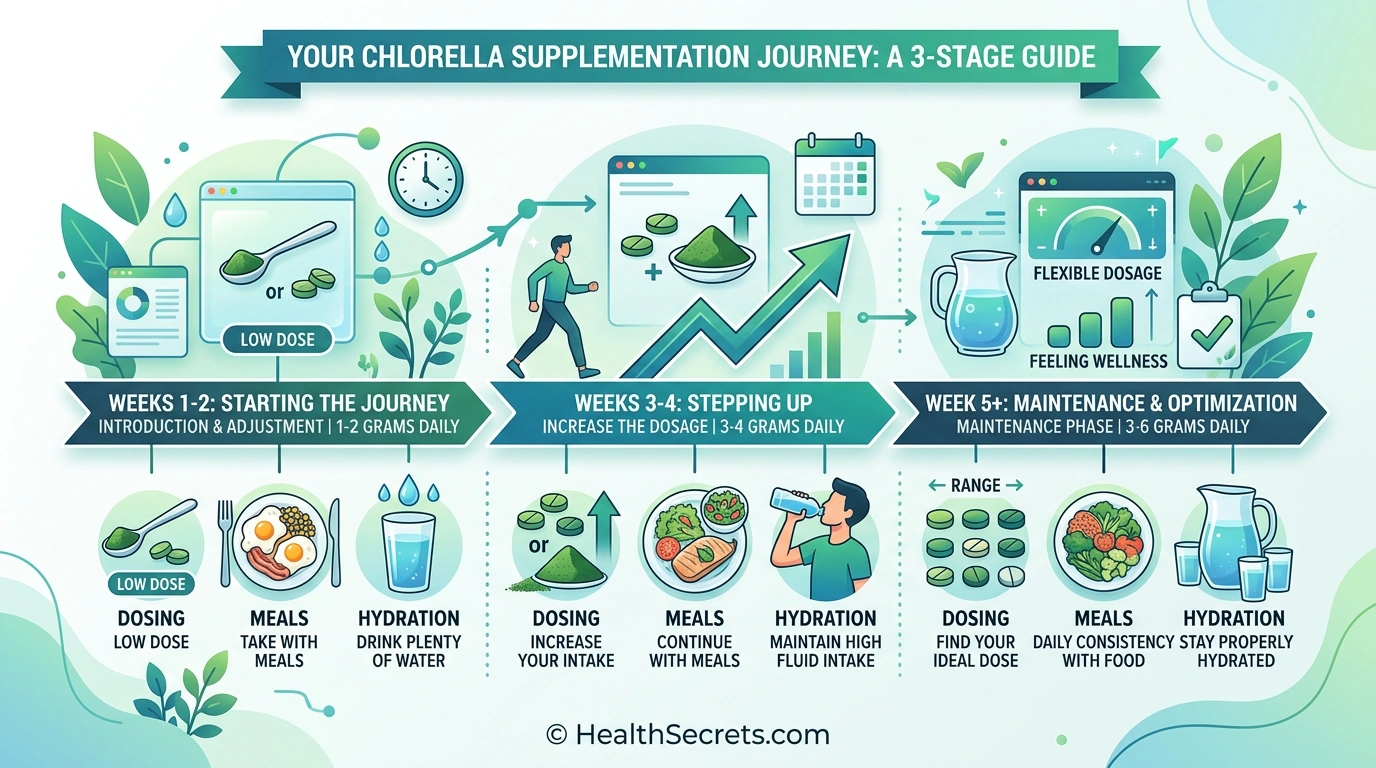 Chlorella supplementation timeline showing gradual dose increase from weeks 1-2 through maintenance phase