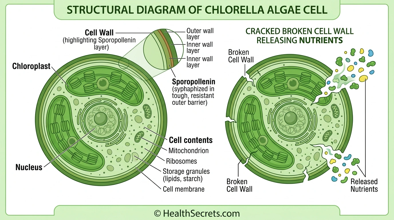 Diagram showing intact vs broken cell wall chlorella and nutrient bioavailability difference