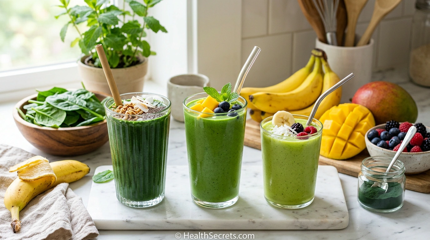 Three chlorella green smoothie recipes with fresh fruits and vegetables for masking the earthy taste
