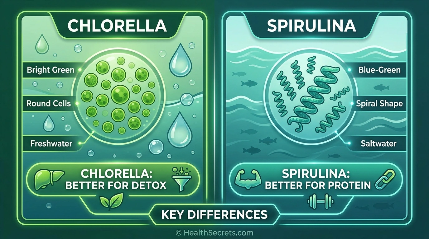 Visual comparison of chlorella versus spirulina showing key differences in form origin and health benefits