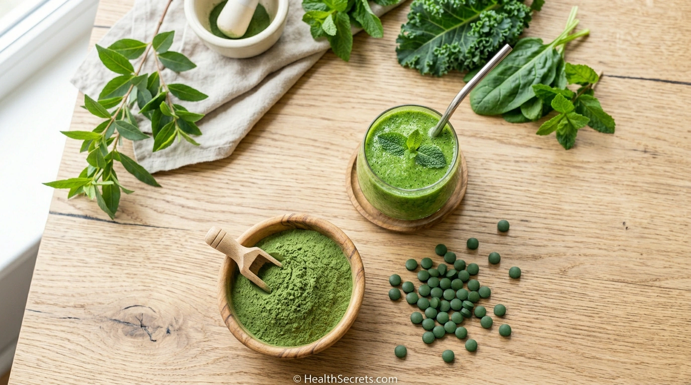 Chlorella powder and tablets for detox supplementation with green smoothie on wooden surface