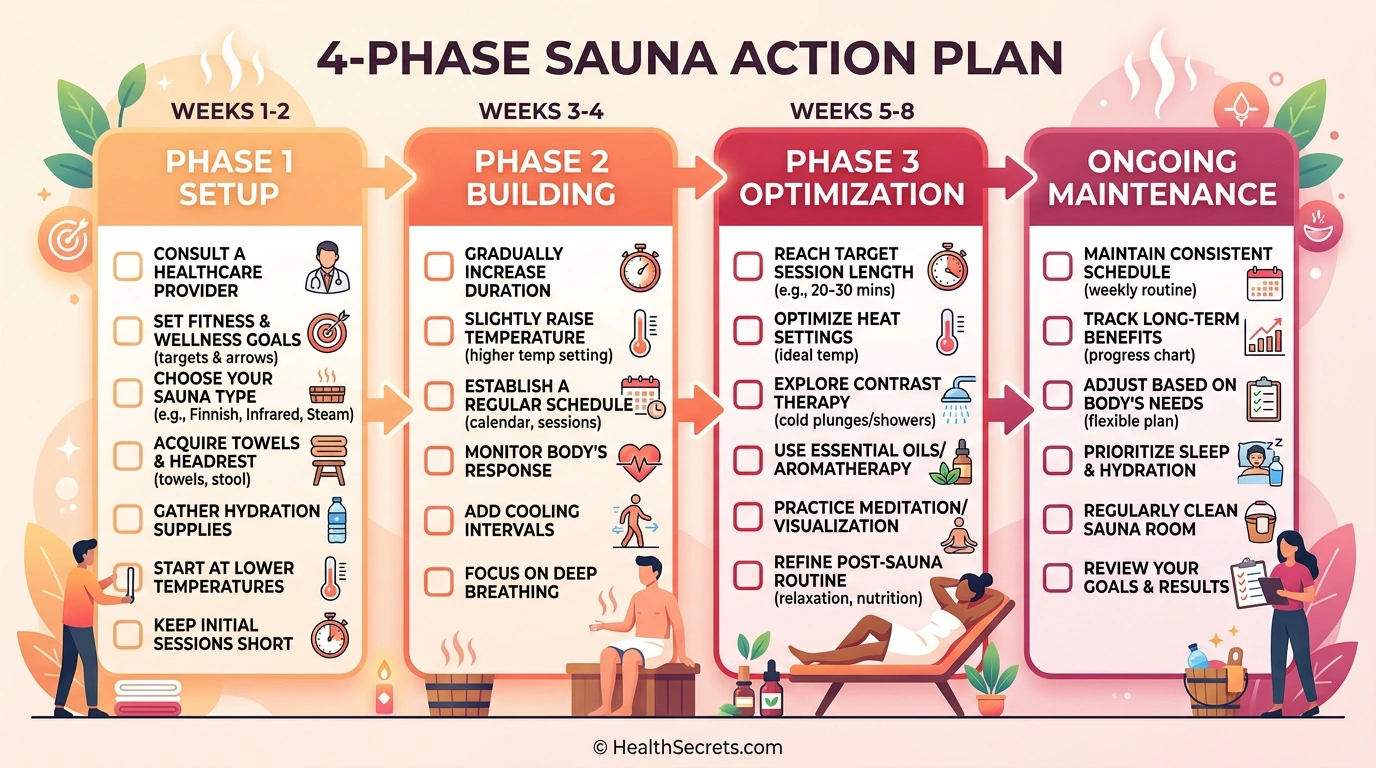 Four-phase sauna action plan checklist showing progression from setup through ongoing maintenance for optimal health benefits