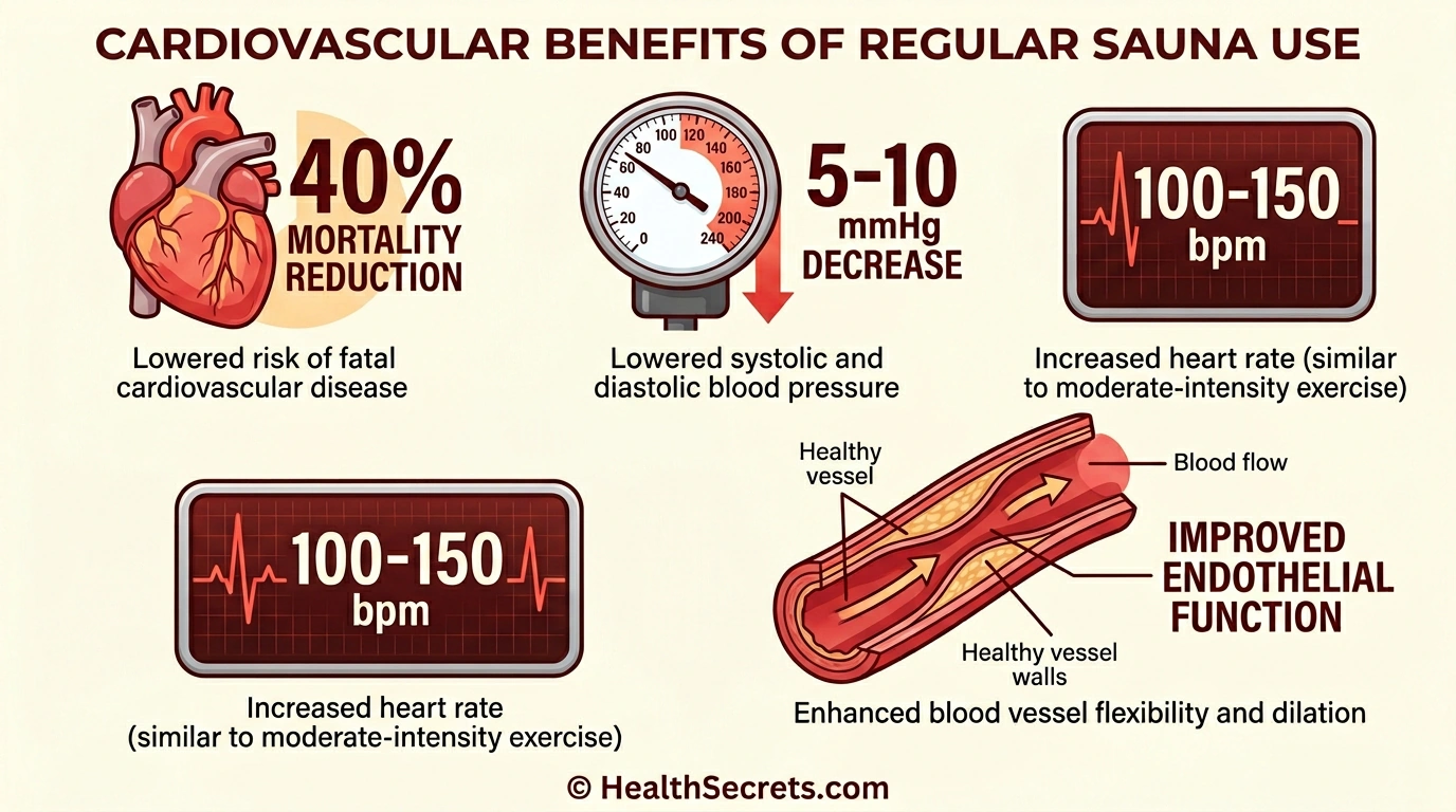 Infographic showing cardiovascular benefits of sauna including 40% mortality reduction, blood pressure decrease, and improved heart function