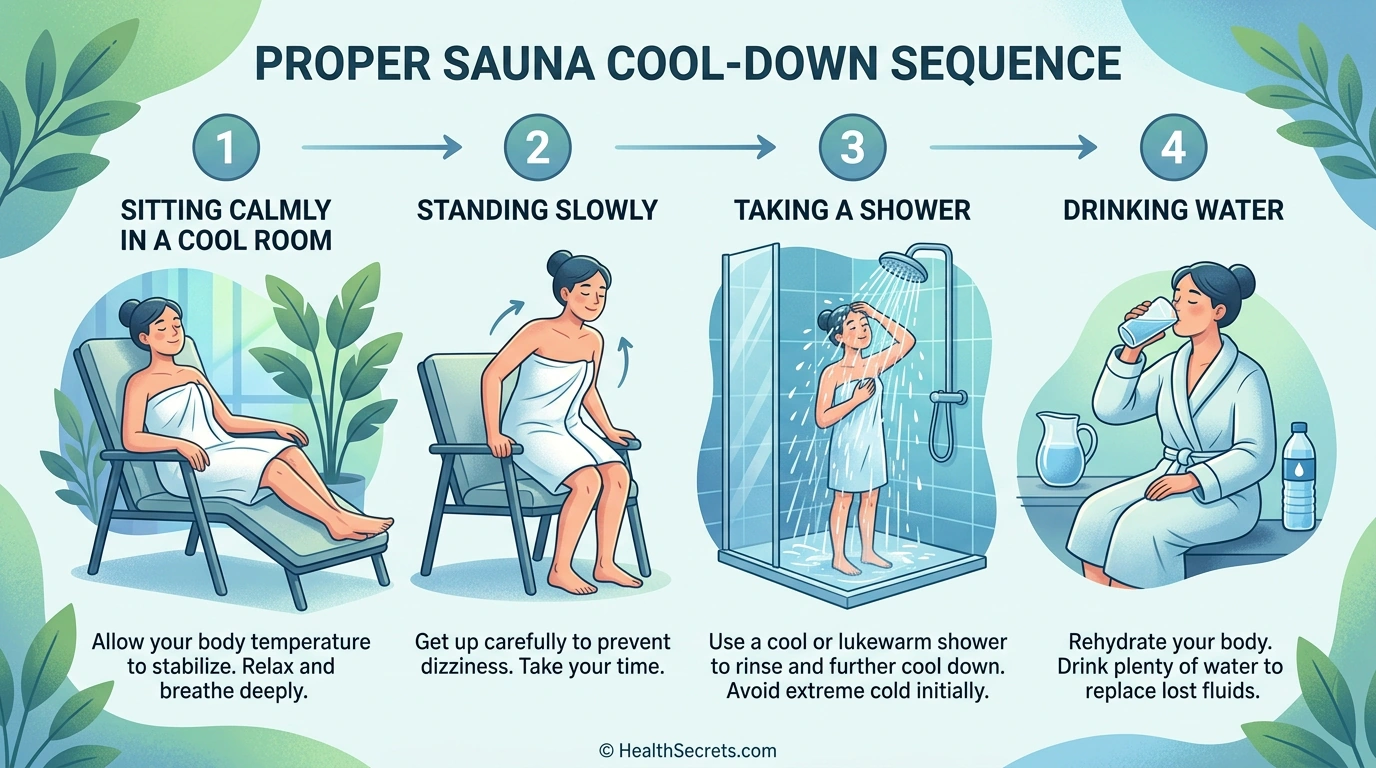 Step-by-step sauna cool-down protocol showing sitting, standing slowly, showering, and rehydrating