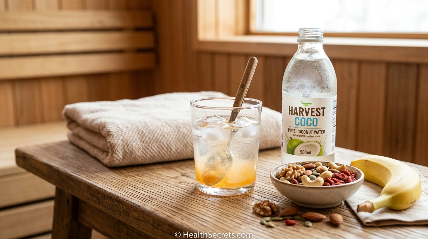 Post-sauna electrolyte replenishment options including electrolyte drink, coconut water, bananas, and nuts