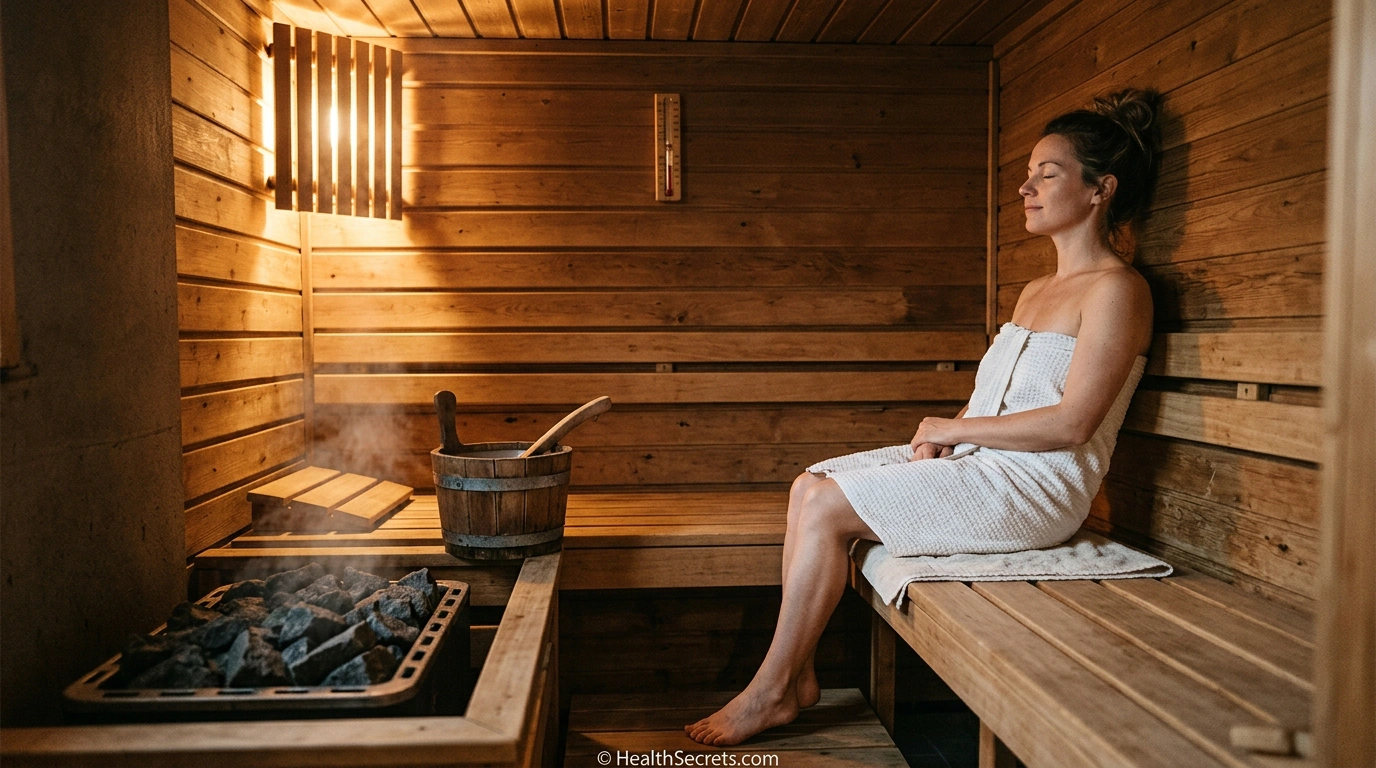 Person relaxing in a traditional wooden sauna for cardiovascular health and detoxification benefits