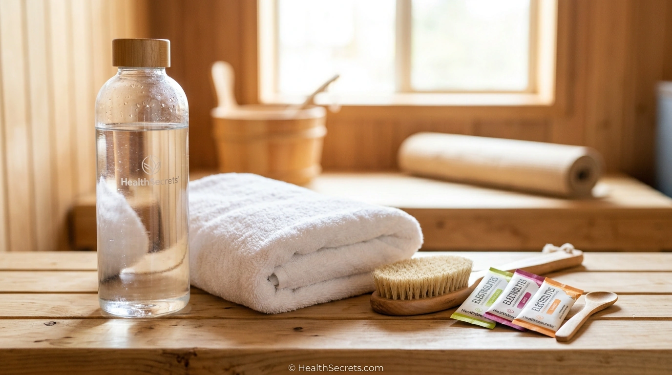 Sauna preparation essentials including water bottle, electrolyte powder, towel, and dry brush for safe sauna use