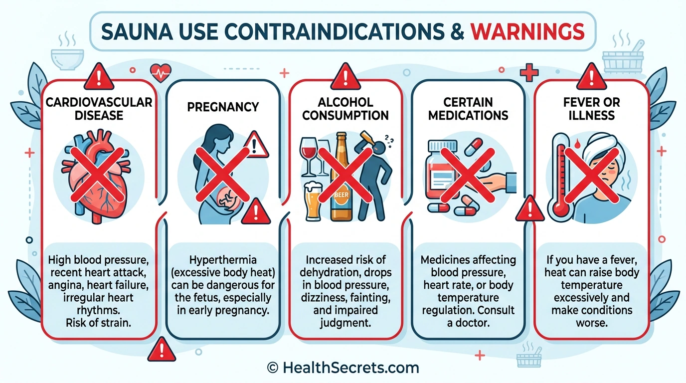 Sauna contraindications infographic showing conditions requiring medical clearance including cardiovascular disease, pregnancy, and medications